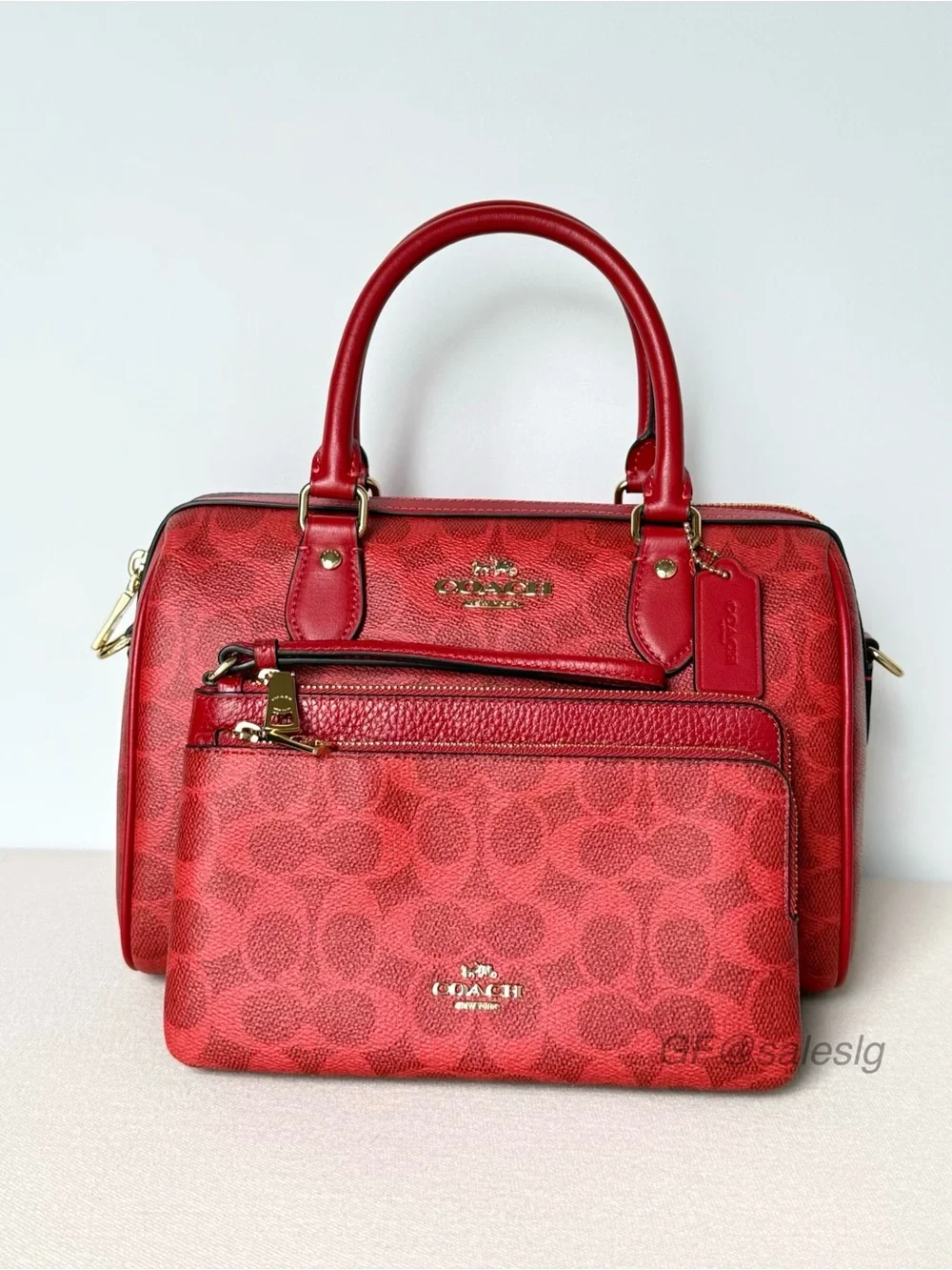 NWT Coach Rowan Satchel Bag & Wristlet Wallet Bundle Set Signature Crimson Red